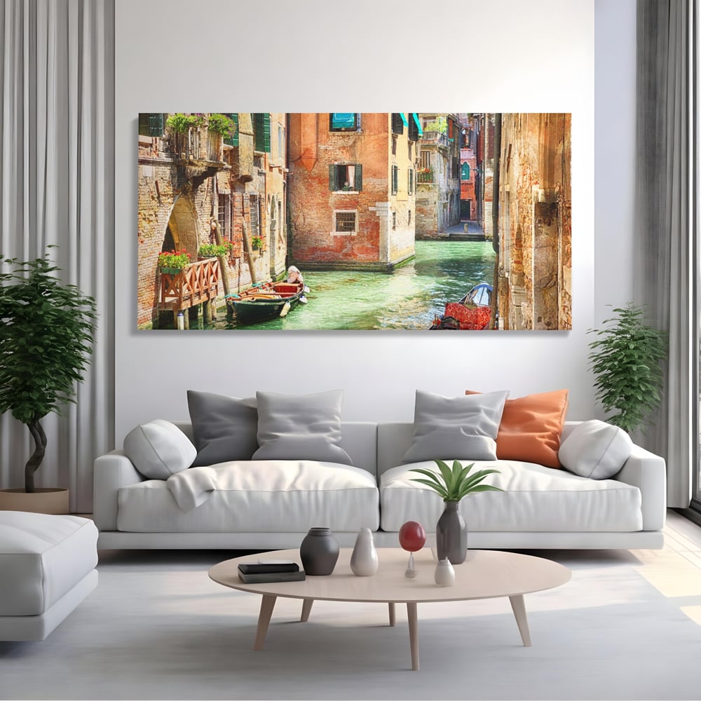 Tablou canvas cu tablou canvas cu peisaj din venetia, fara rama, pe sasiu de lemn, pe perete intr-un living